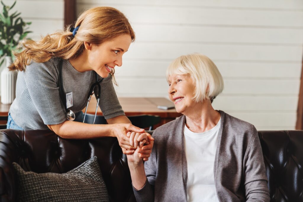 Elderly woman having private home care with social service